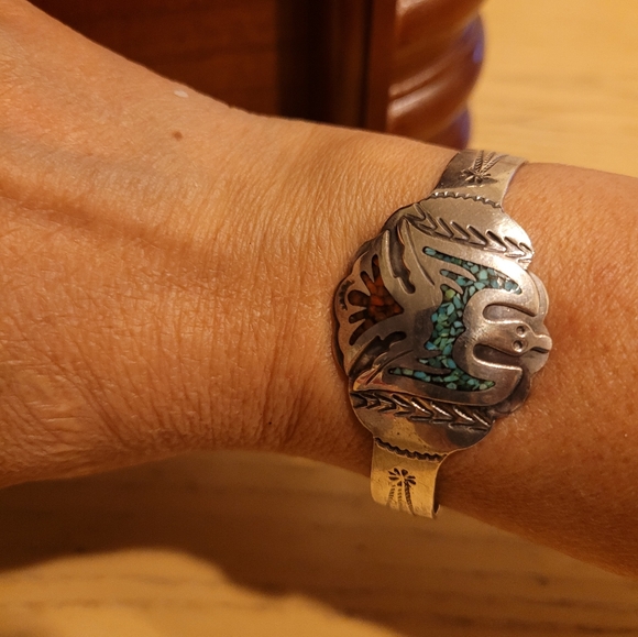 American Indian Coral & Turquoise Silver Bracelet - Picture 2 of 4